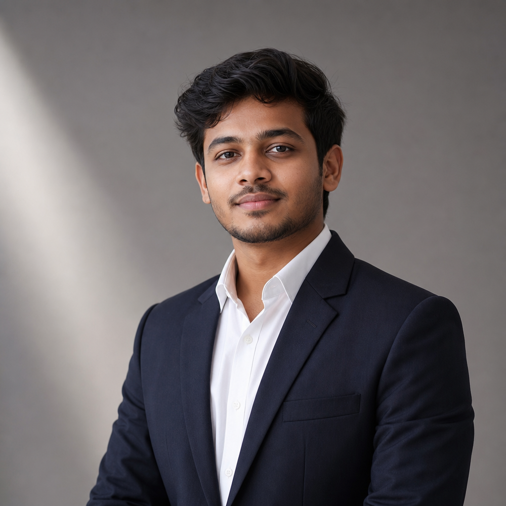 Studio portrait of a young Indian founder in a tailored dark blazer