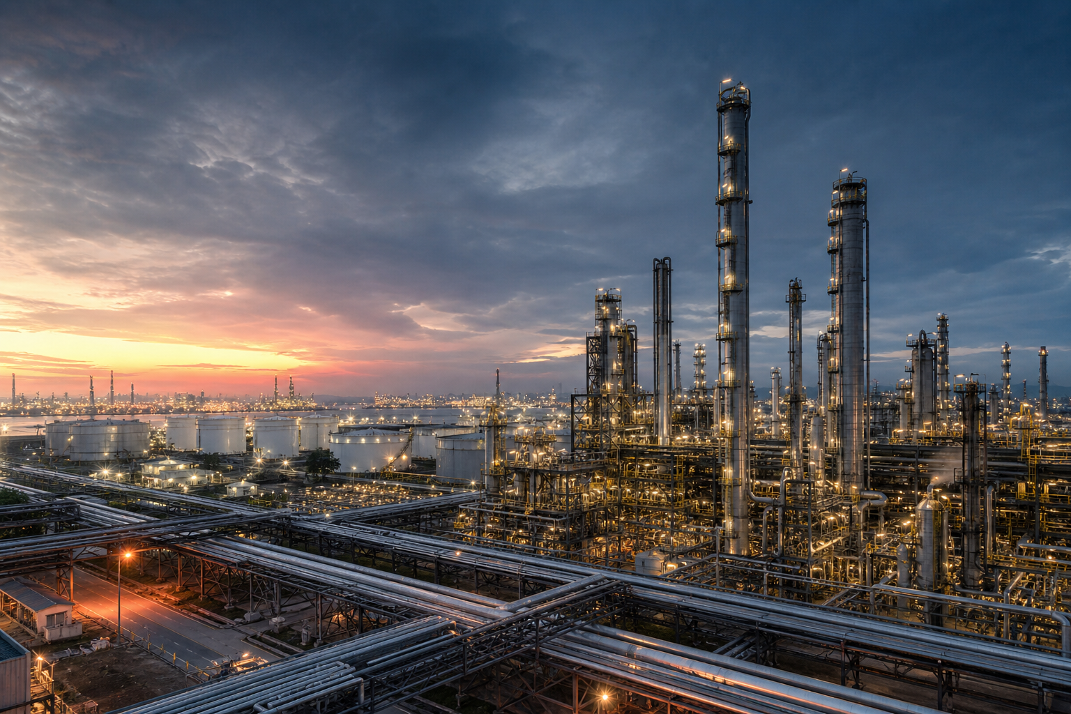 Wide industrial refinery landscape with processing towers, pipeline corridors, and atmospheric sky at early dusk