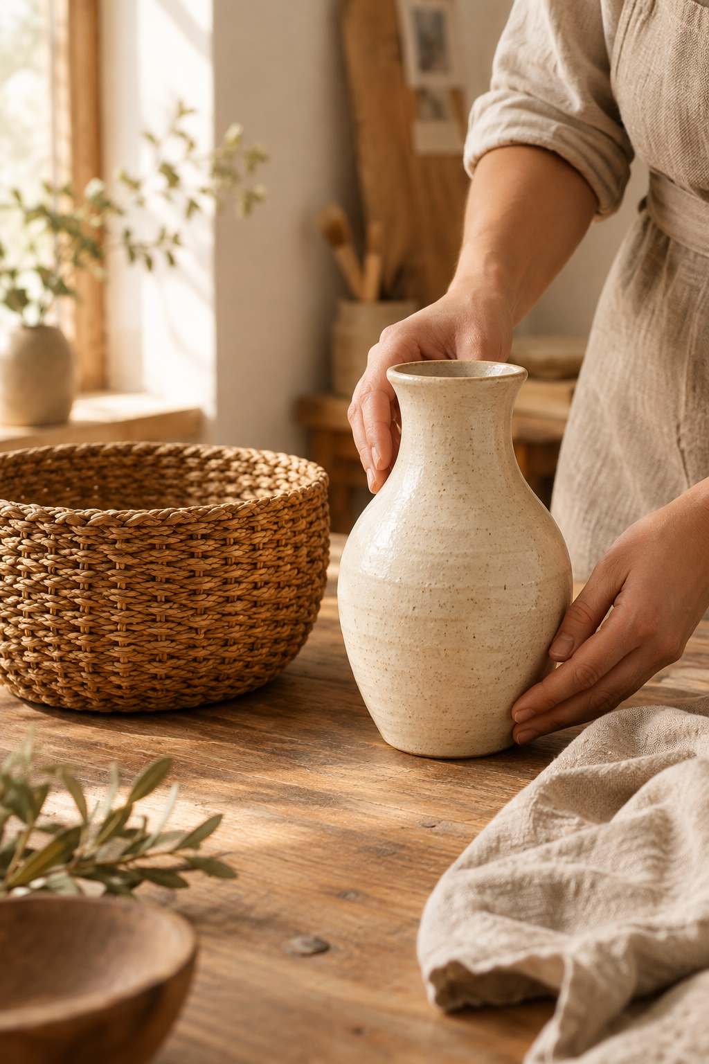 Close-up of artisan hands arranging a handmade ceramic vase beside woven natural fibers on a warm wooden workbench