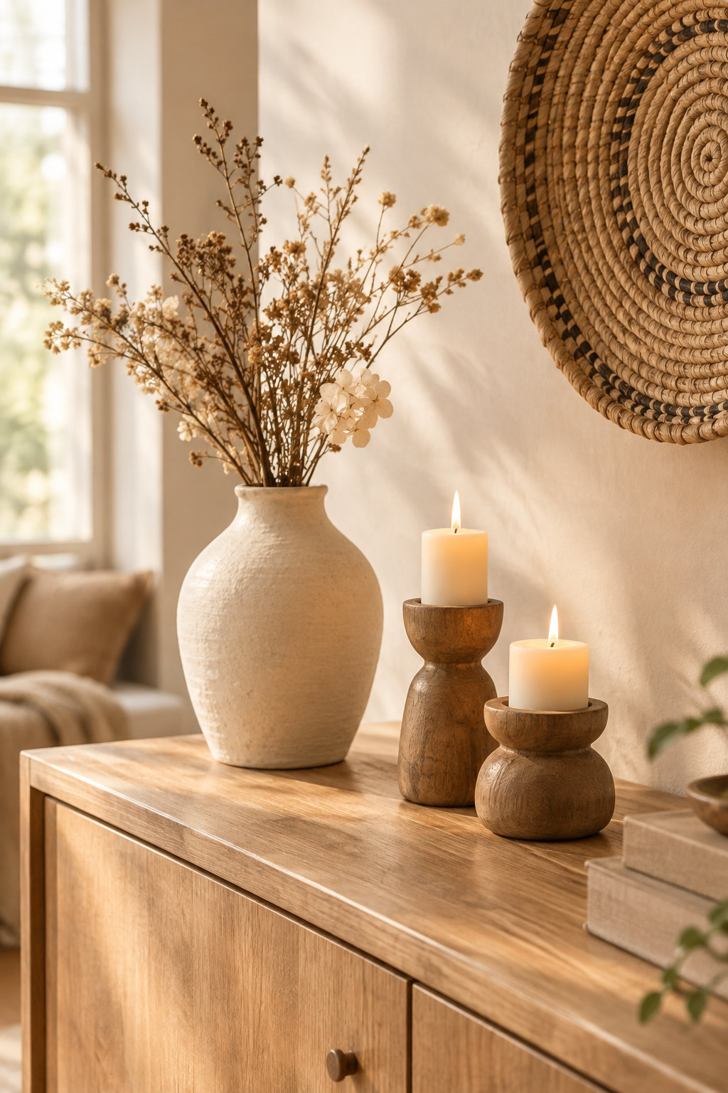 Warm artisan home decor vignette with ceramic vase, woven basket, and candle holders on a natural wood console in soft morning light