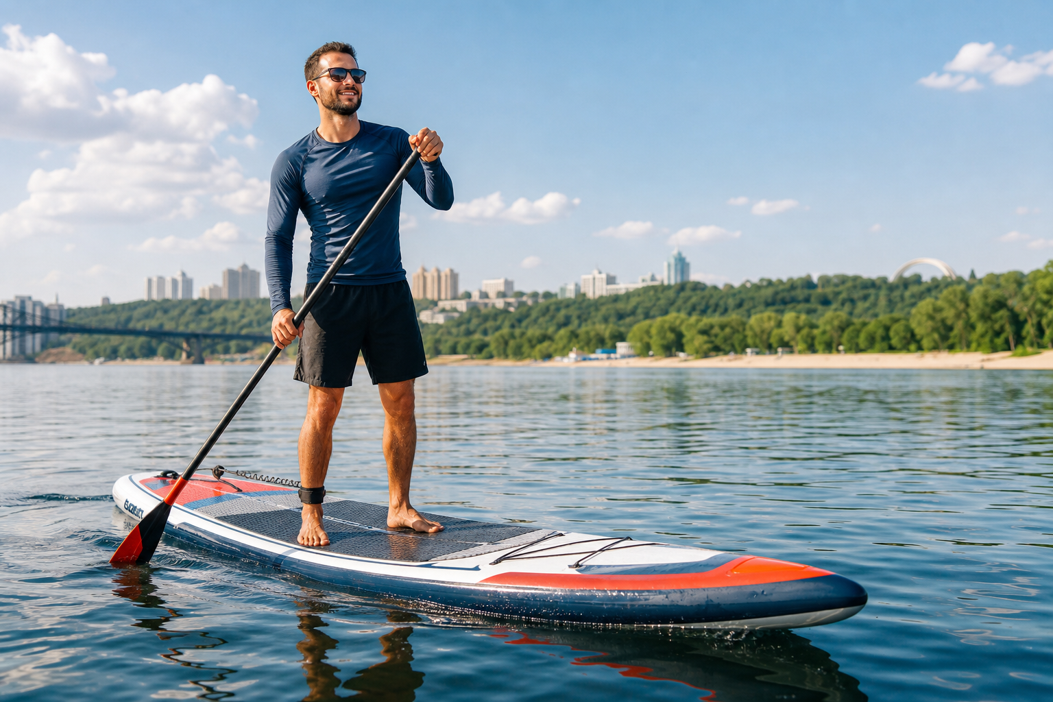 Performance SUP board SUP board on calm scenic water near Kyiv
