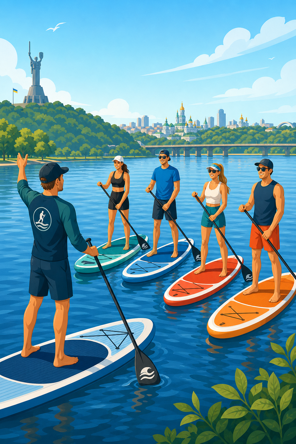 Friendly stand-up paddleboarding group session on calm water near a Kyiv riverside at golden hour, with coach guidance and active riders in a flat polished illustration style