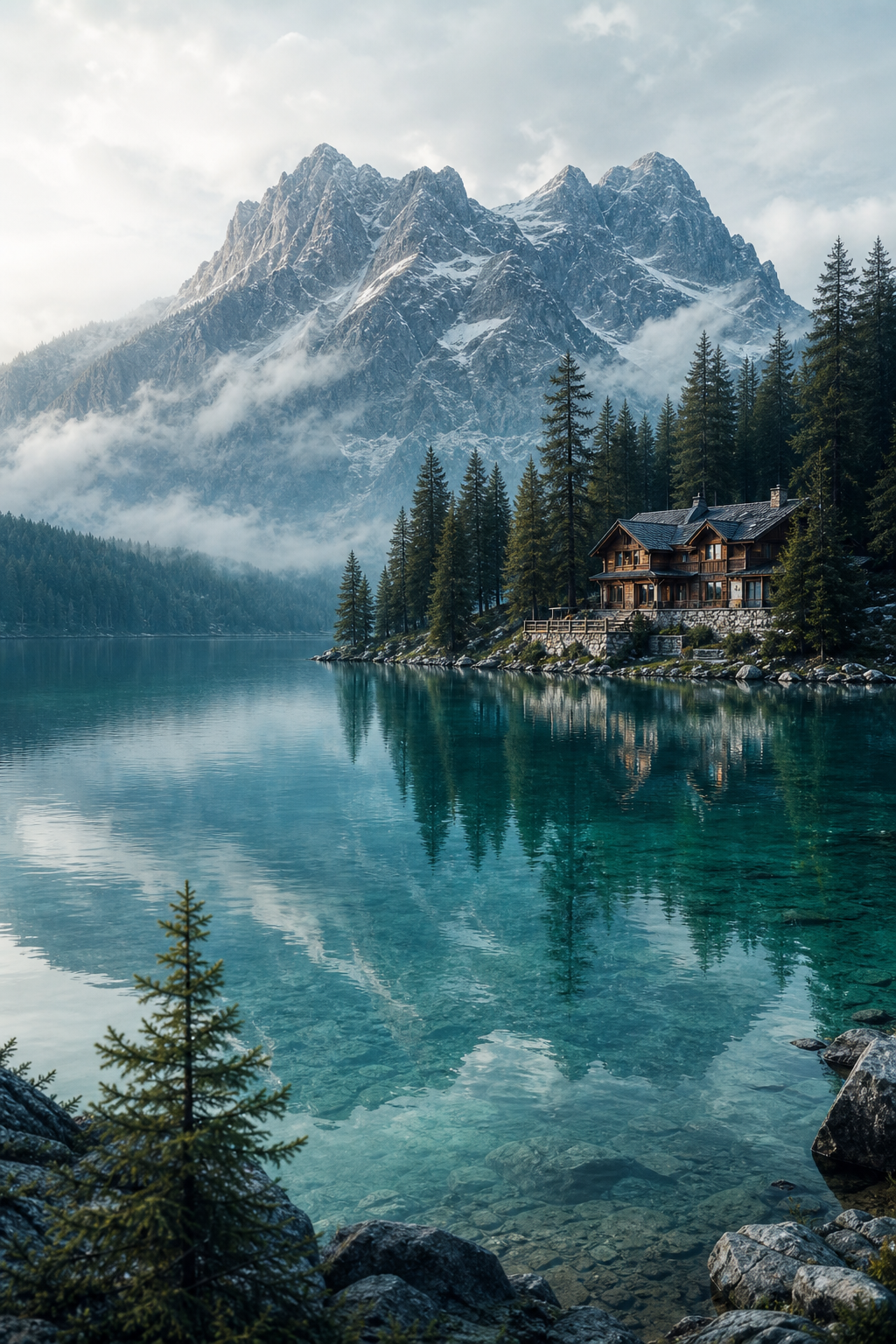 A turquoise alpine lake surrounded by pine forest with a wooden lodge on the shore