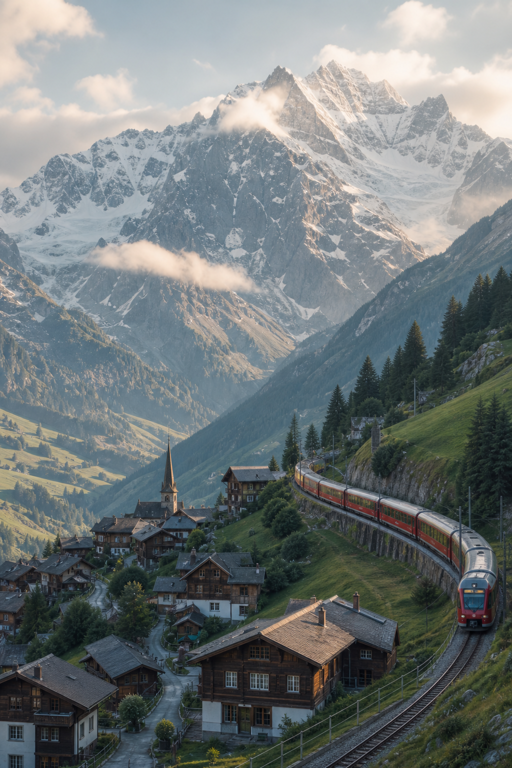 Alpine village nestled among snow-capped peaks with a panoramic train winding through the mountains