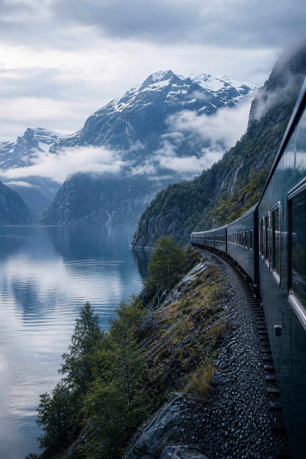 A scenic train winding through a steep Norwegian fjord flanked by snow-capped mountains