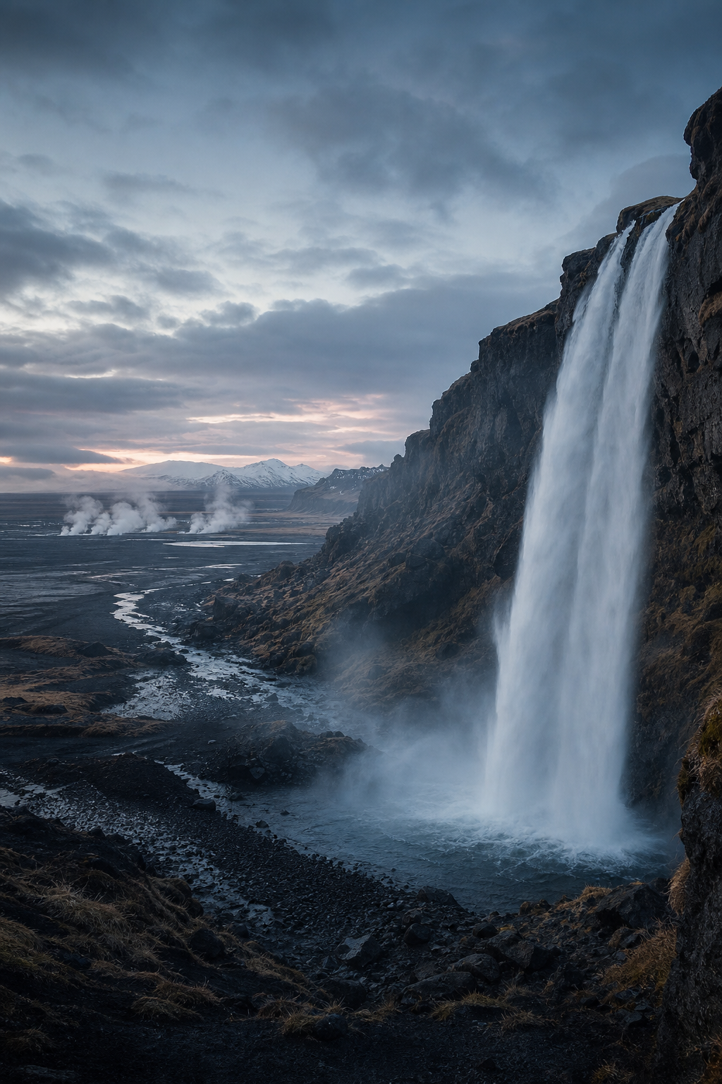 Cinematic Icelandic landscape with waterfalls, lava fields, and geothermal steam under a misty sky