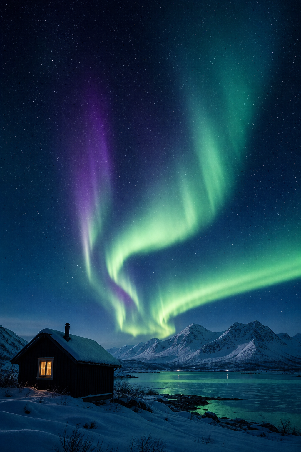 Aurora borealis swirling in green and violet hues over a snowy Nordic landscape with a small cabin