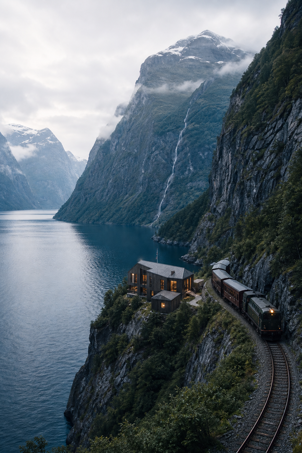 Serene Norwegian fjord landscape with a scenic railway and a quiet design-led hotel by the water