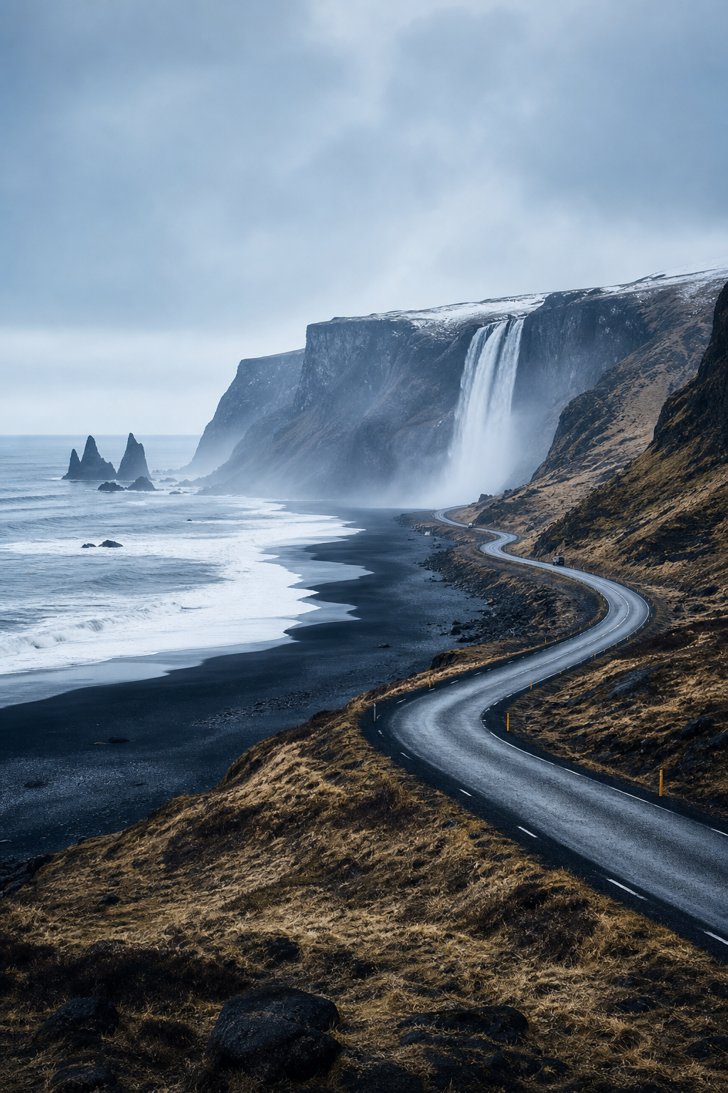 Iceland's ring road winding along a dramatic black sand coastline with a distant waterfall