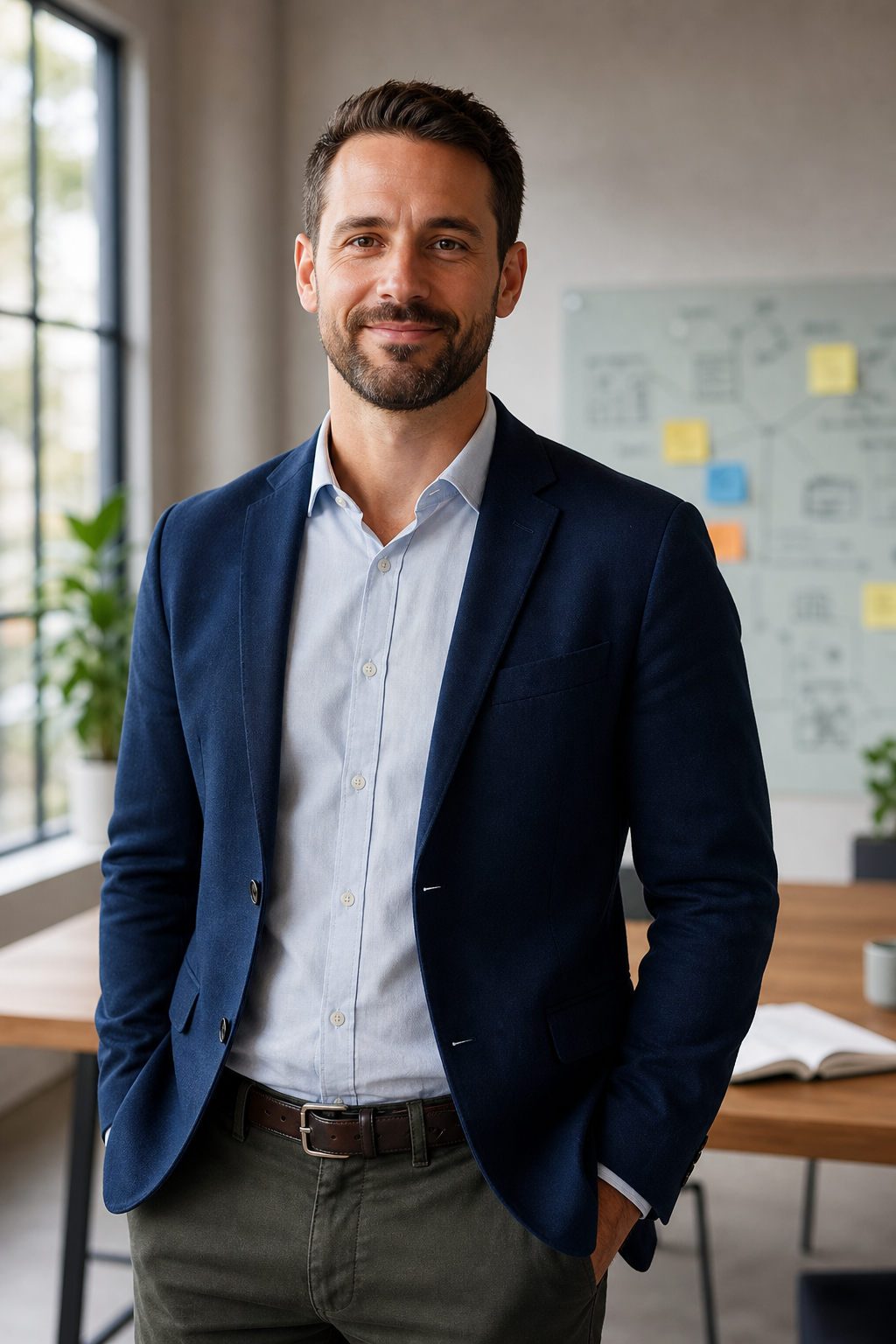 Founder business consultant in a modern office, approachable and professional
