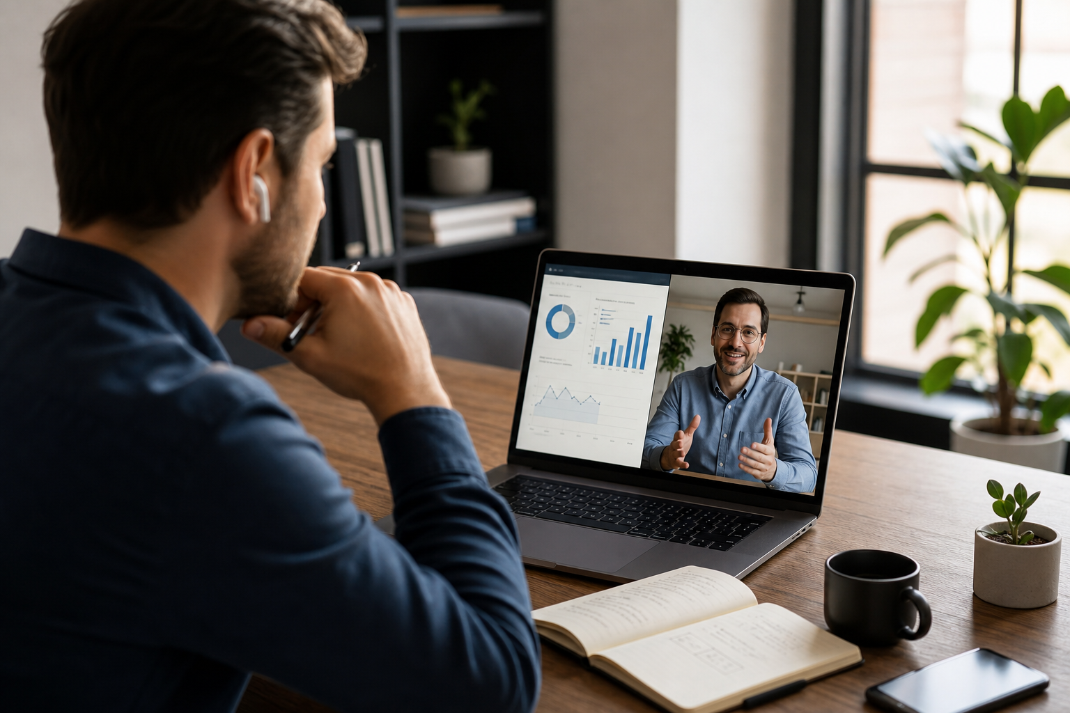 Business owner on a remote advisory call with consultant, dashboard documents open on laptop and notebook on desk