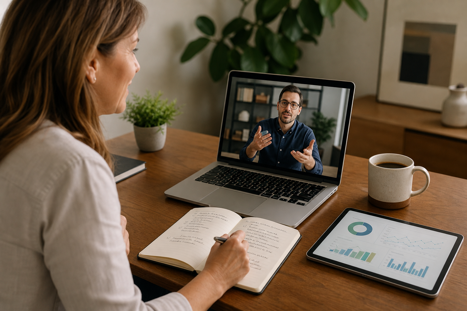 Business owner on a remote advisory call with consultant, dashboard documents open on laptop and notebook on desk