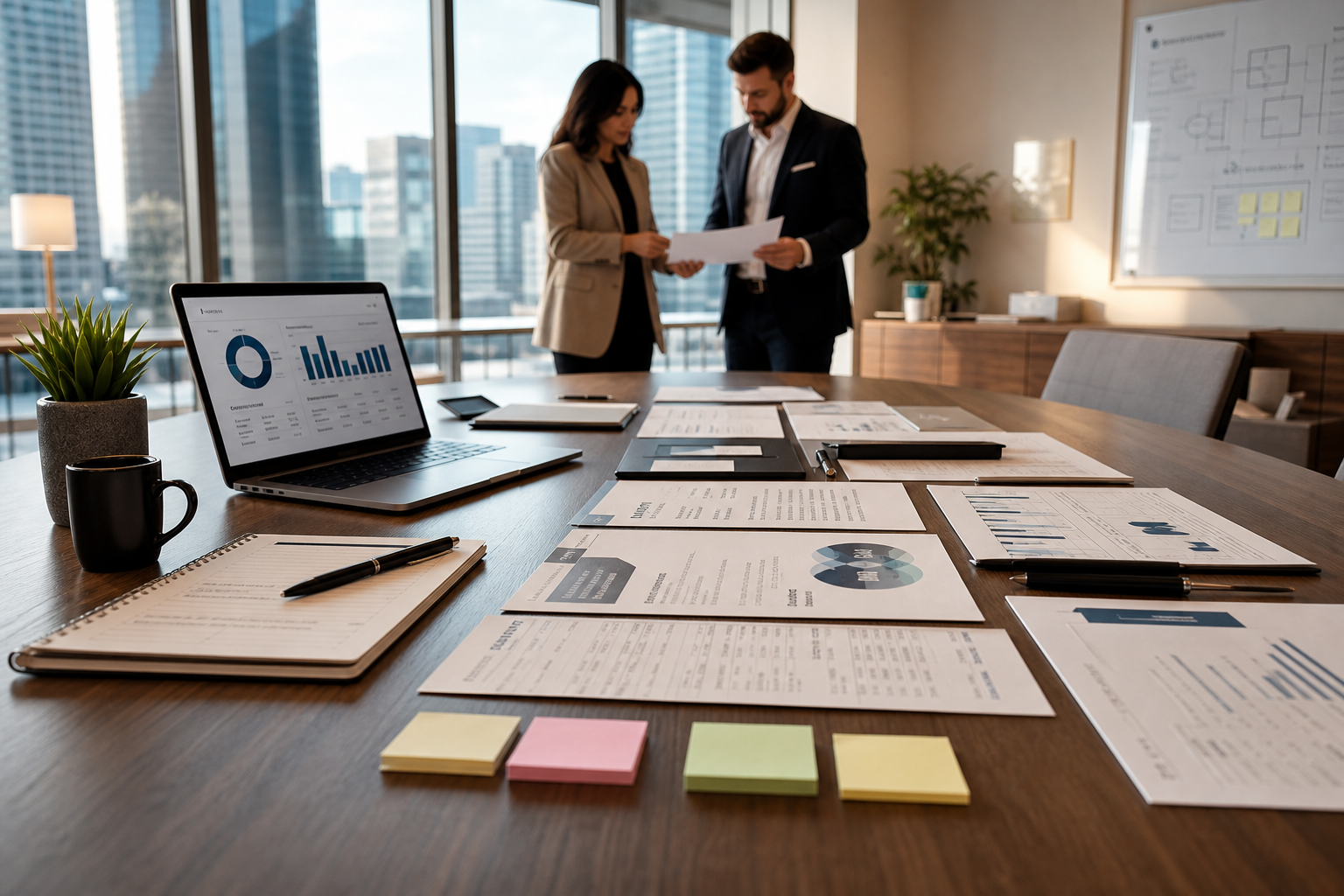 Panoramic modern consulting workspace with strategic planning documents, laptop, team coordination cues, and polished executive atmosphere