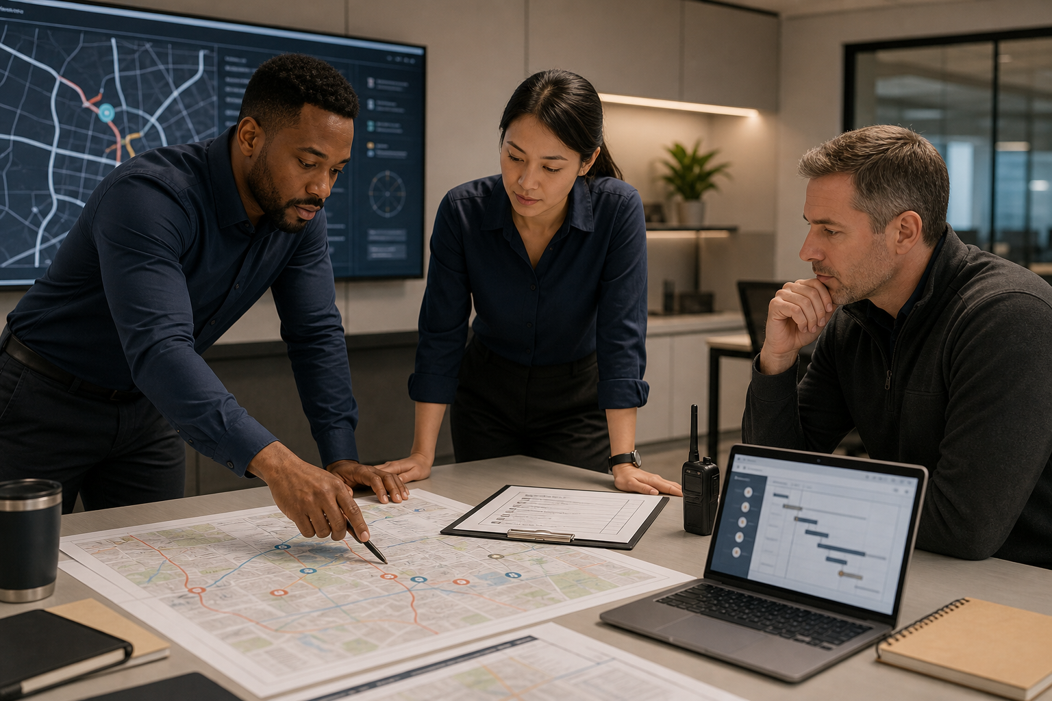 Professional emergency planning team reviewing preparedness maps and coordination checklists in a modern operations room