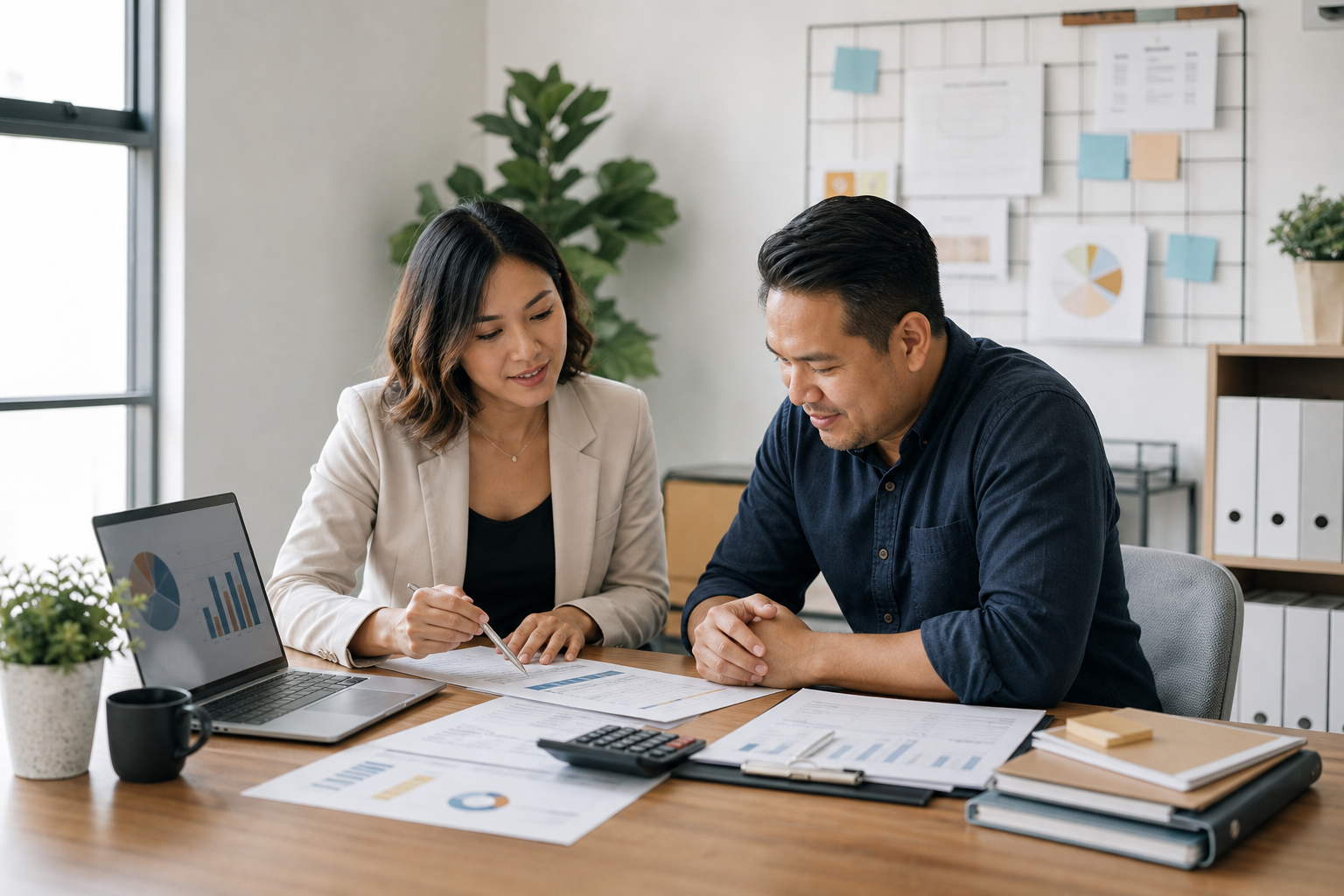 Small business advisor and owner reviewing bookkeeping reports, payroll notes, and growth planning tasks at a bright desk