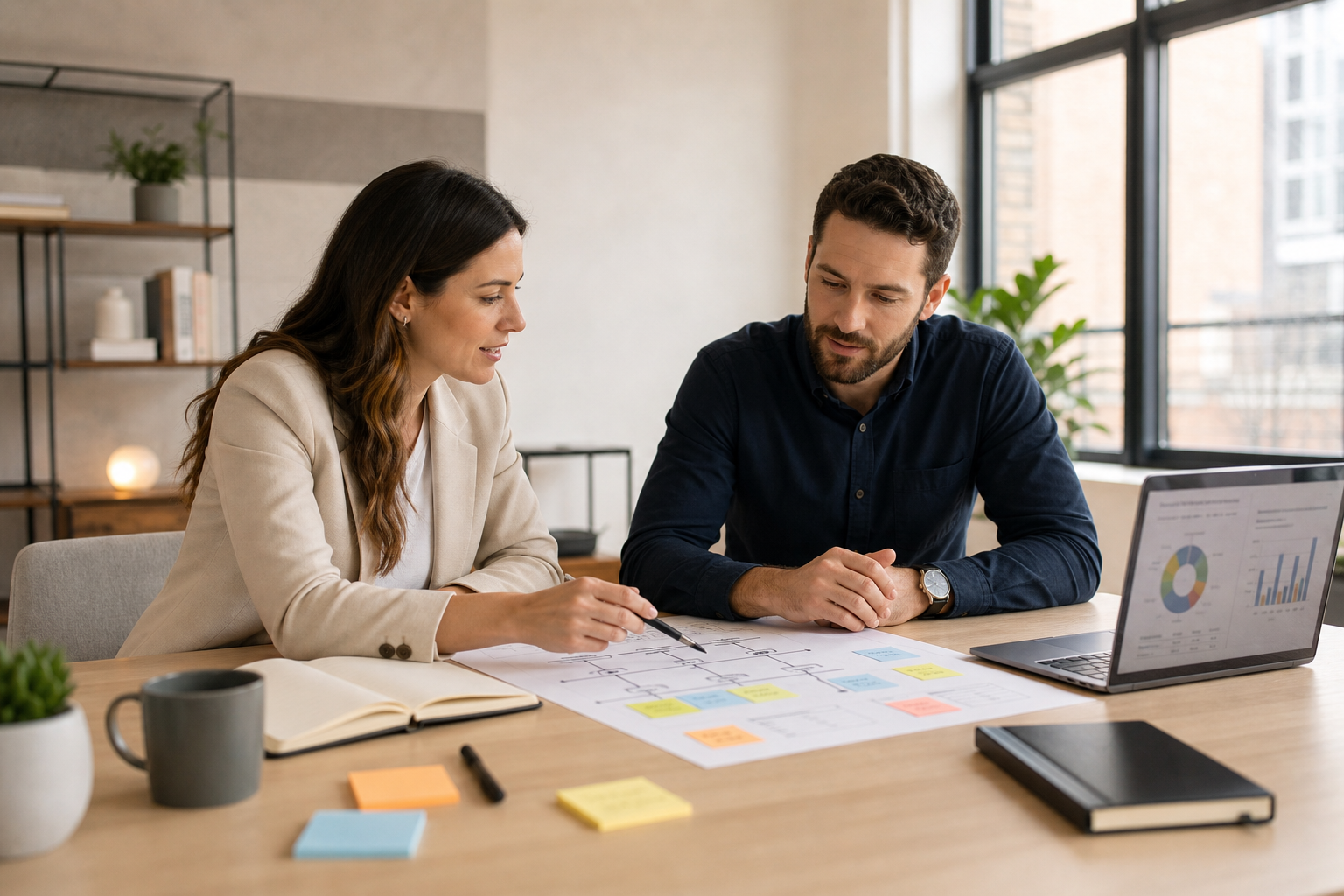 Consultant and startup founder reviewing a strategic planning board with notes and laptop in a bright modern office