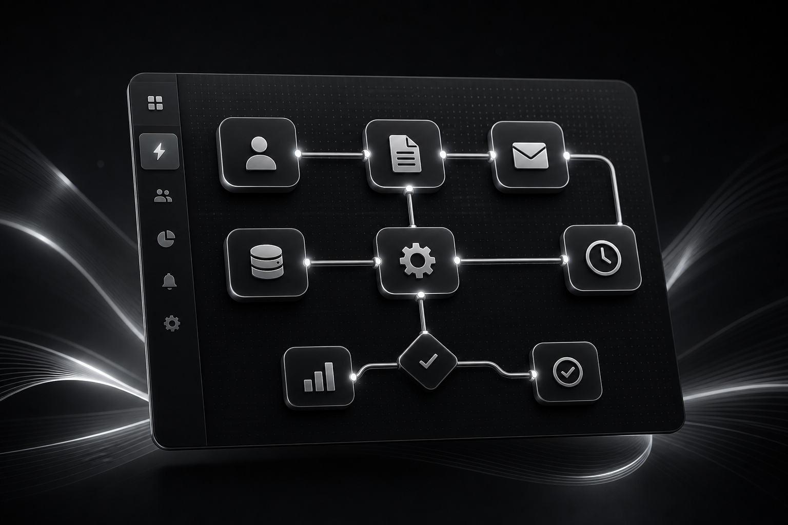 Workflow automation board with connected nodes and a sleek metallic theme