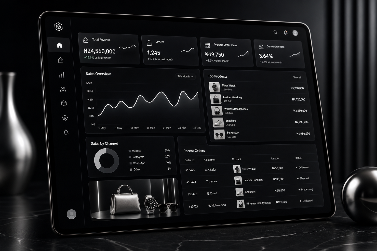 Elegant e-commerce dashboard on a dark interface with silver product tiles and analytics charts