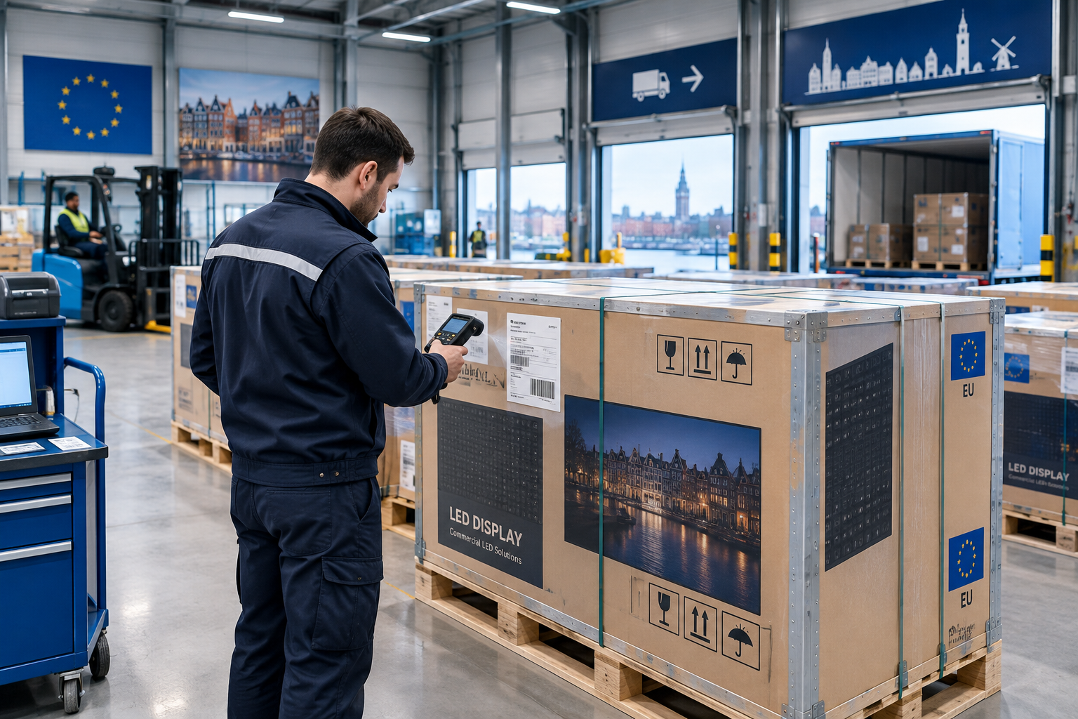 Professional warehouse and logistics coordination scene in Amsterdam with packaged LED display panels, barcode scanning, and shipment preparation for European commercial delivery