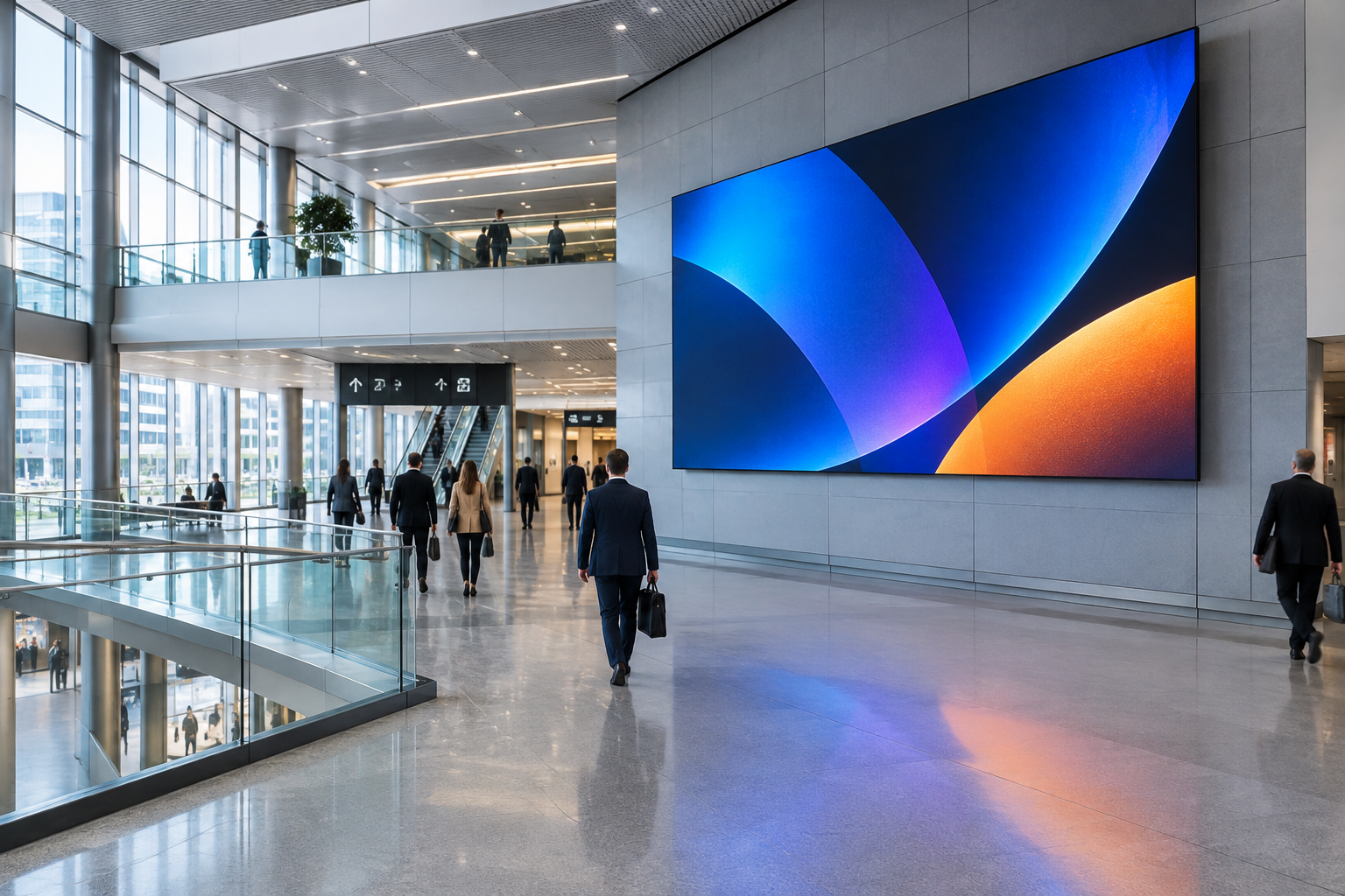Modern commercial concourse with a large LED wall displaying dynamic brand visuals