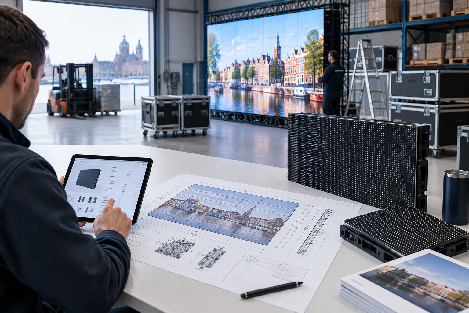 Commercial LED installation planning board with modular panel layout diagram, technician tablet, and clean warehouse staging context