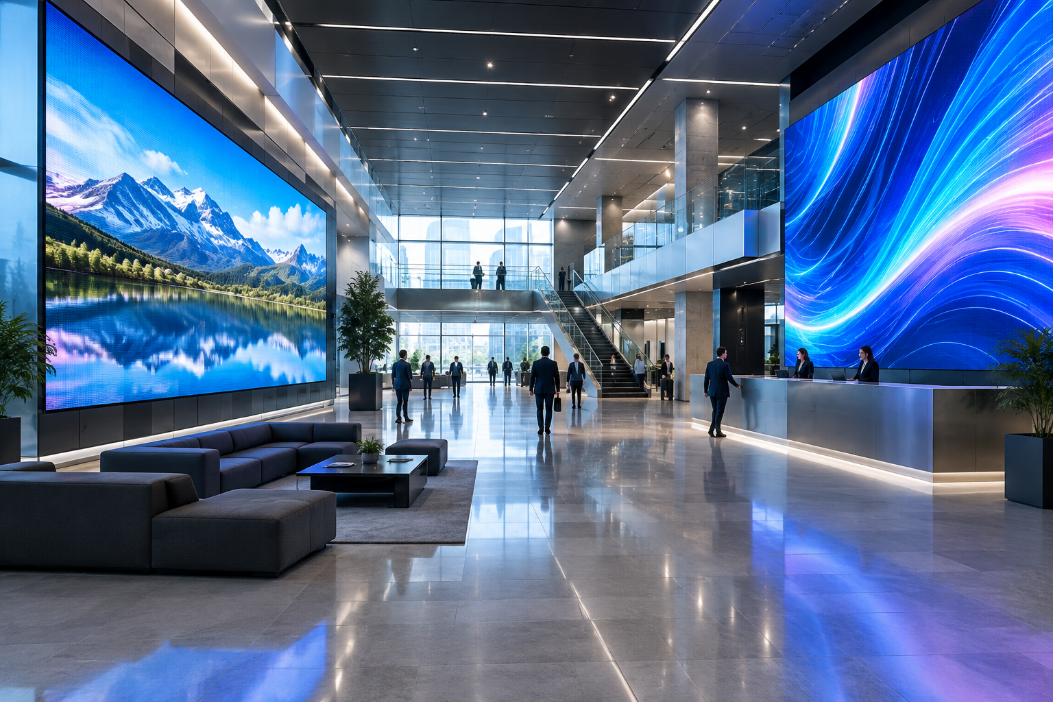 Cinematic wide-angle commercial LED display installation in a premium architectural interior with multiple illuminated screen walls and polished technical lighting