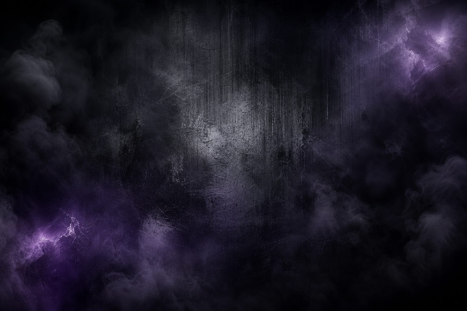 Escena abstracta de cultura metal con humo oscuro, textura metálica y brillo violeta tenue