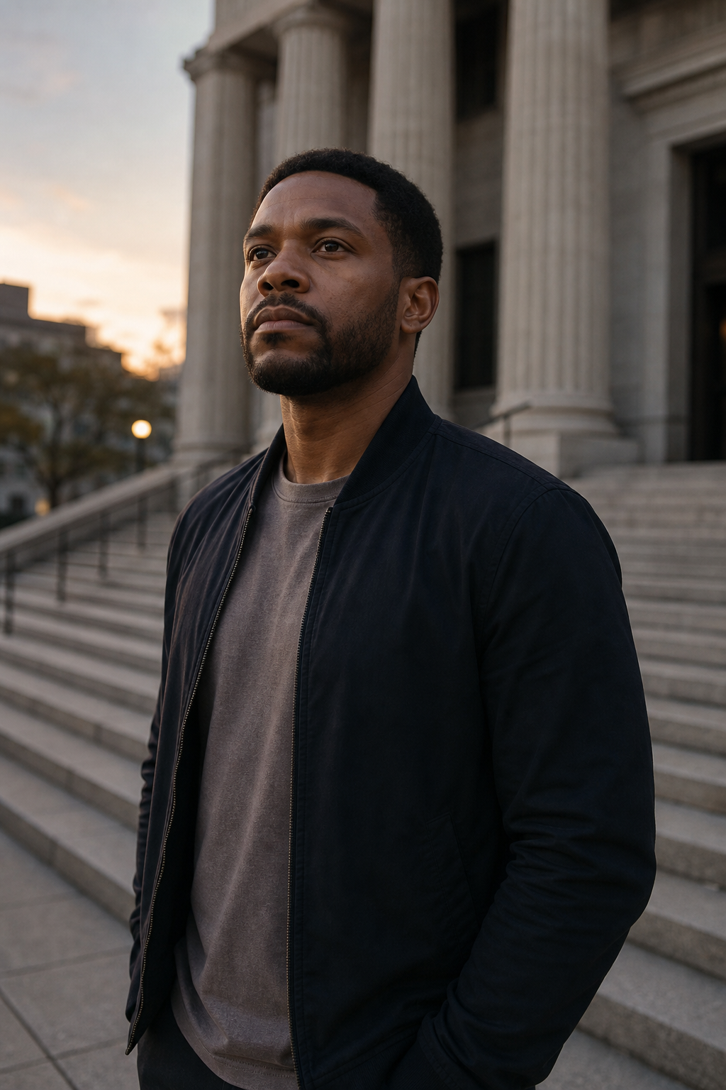 Respectful documentary-style portrait scene near courthouse steps, conveying calm urgency and a call for justice