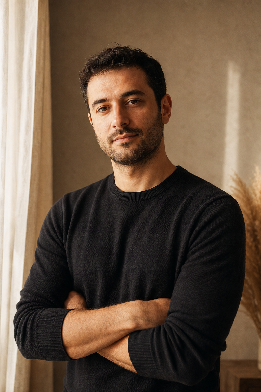 Authentic 4:5 portrait of Amin with soft natural light and a subtle grainy film feel