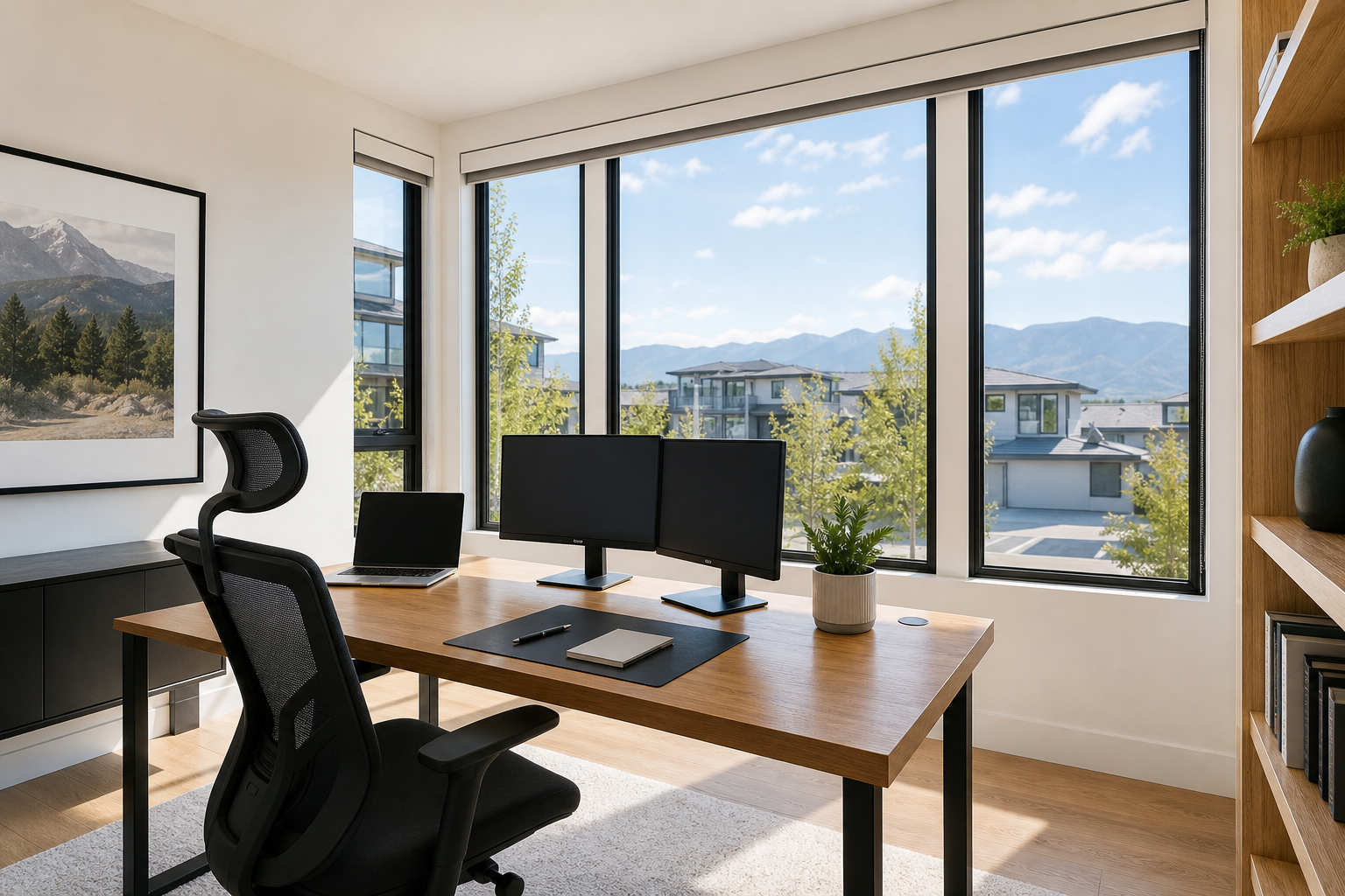 Bright modern Colorado home office with large south-facing windows, softened daylight on computer screens, and a calm glare-free workspace