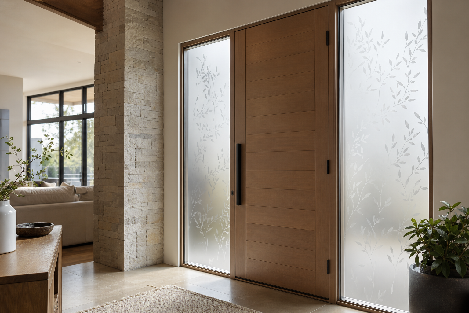 Bright modern home entry with frosted decorative glass panels on the front door and sidelights