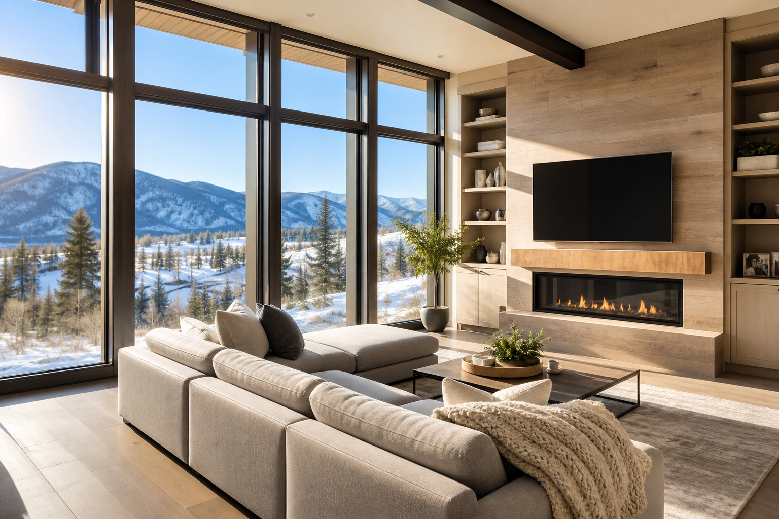 Sunlit modern Colorado living room with large windows, balanced daylight, and cozy winter textiles to represent year-round indoor comfort