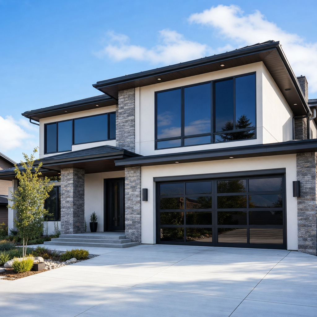 Bright modern residential entry and front living window with privacy film, soft daylight inside, and an upscale clean interior