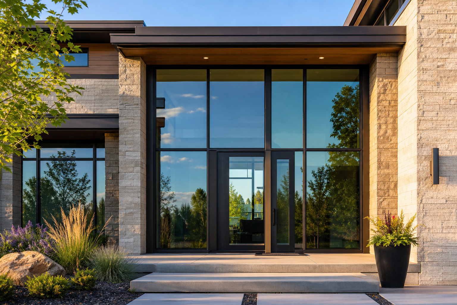 Modern Colorado home entry with large reinforced glass panels and clean architectural lines at golden hour