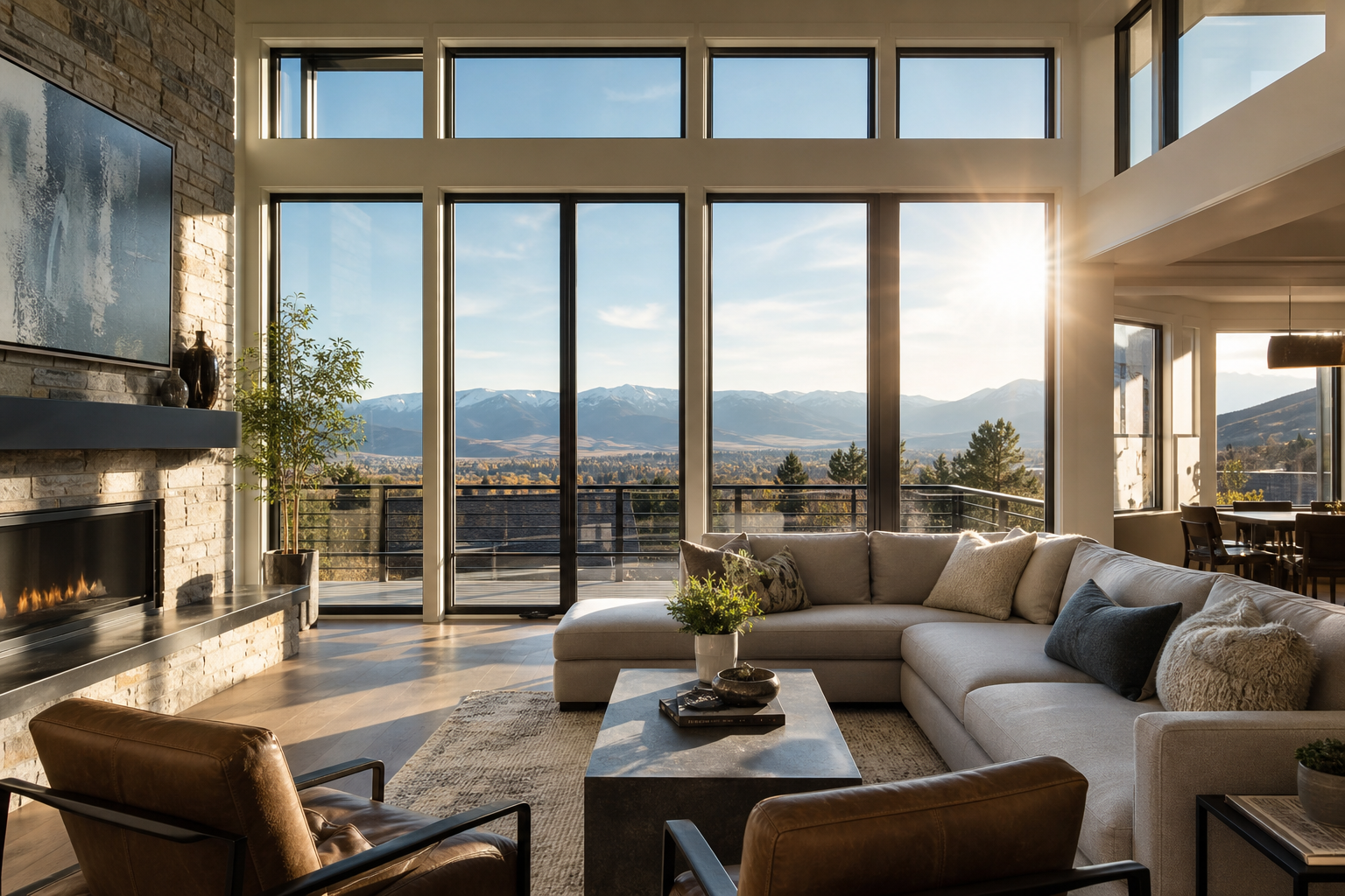 Modern Colorado home interior with floor-to-ceiling windows and strong afternoon sunlight across a living room