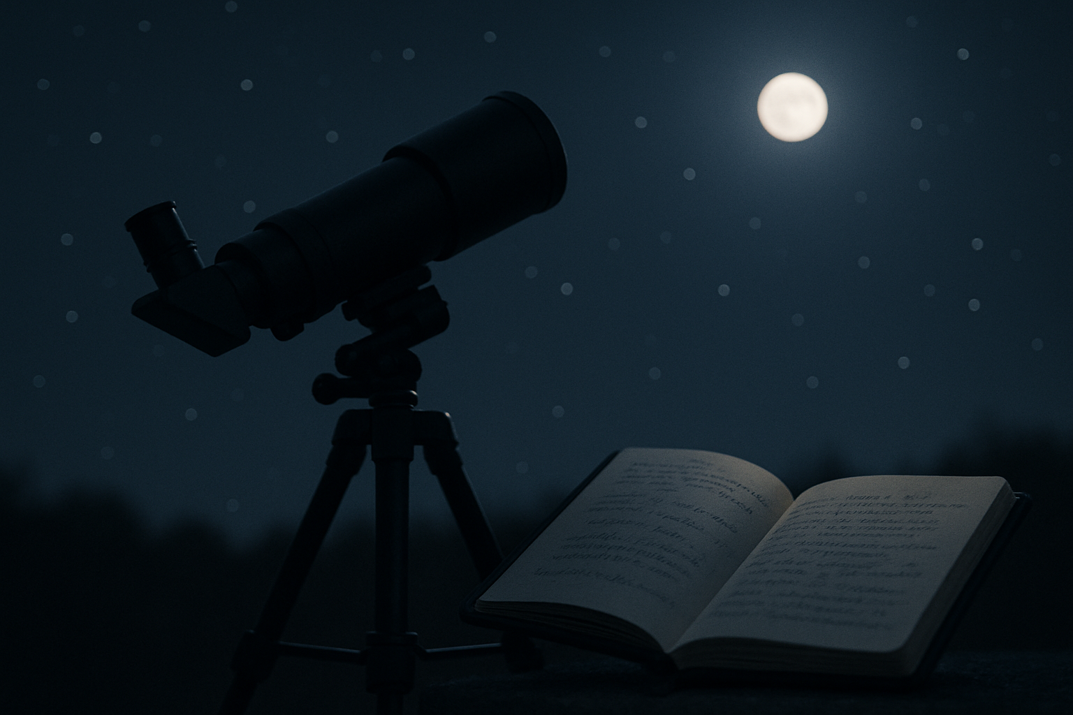 Close view of a compact telescope silhouette beside an open notebook under soft night sky glow