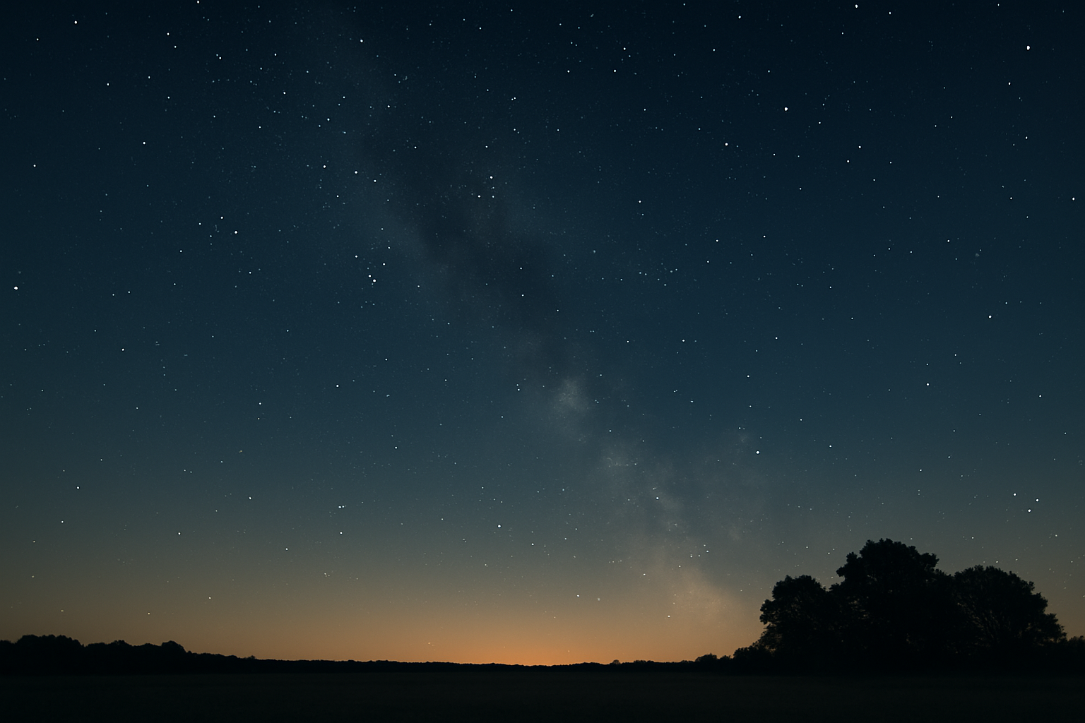Serene night sky above a quiet open observing field with visible stars, a low horizon glow, and a calm atmospheric mood