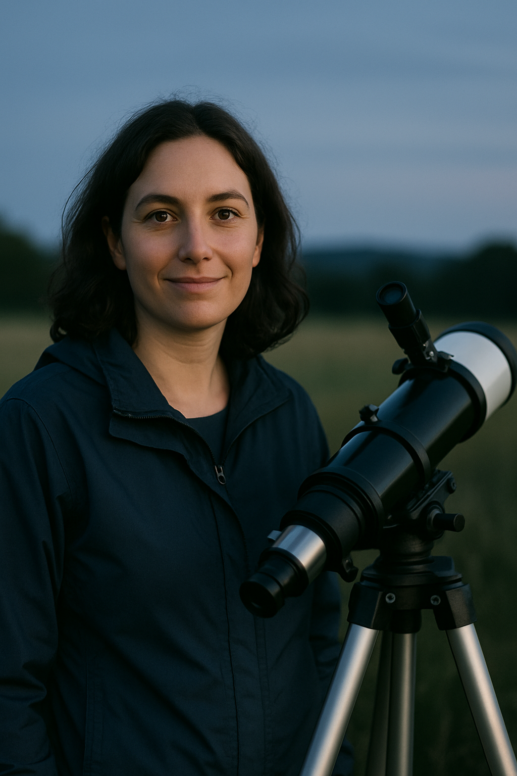 Friendly adult amateur astronomer with shoulder-length dark hair in a navy jacket, standing near a tripod telescope at dusk with a soft sky glow