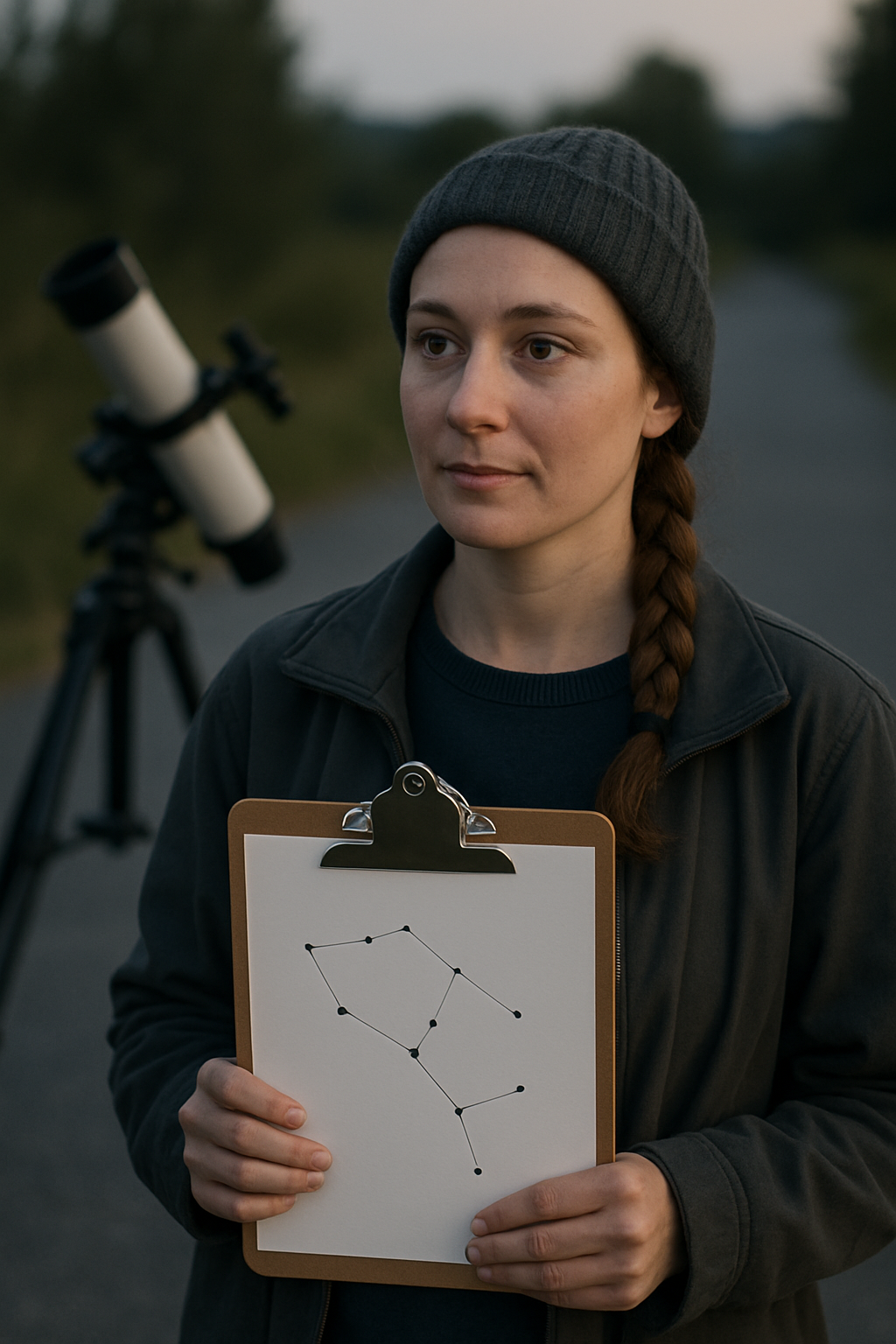 Calm adult astronomy volunteer with braided auburn hair and a charcoal beanie, standing on a quiet path with constellation chart clipboard in soft twilight