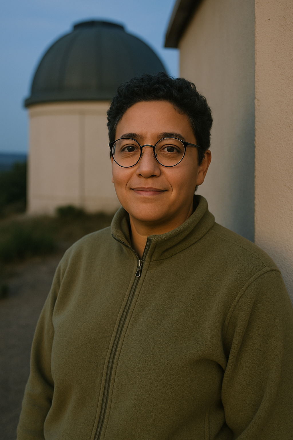 Approachable adult stargazer with short curly hair and glasses, wearing a muted olive fleece beside an observatory wall under early evening light