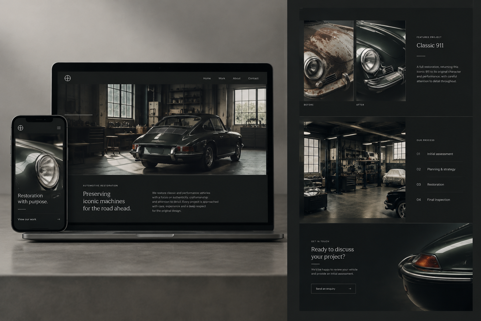 Editorial website mockup for an automotive restoration studio featuring a dark graphite interface, cinematic workshop photography, before-and-after project structure, and a clear assessment enquiry path