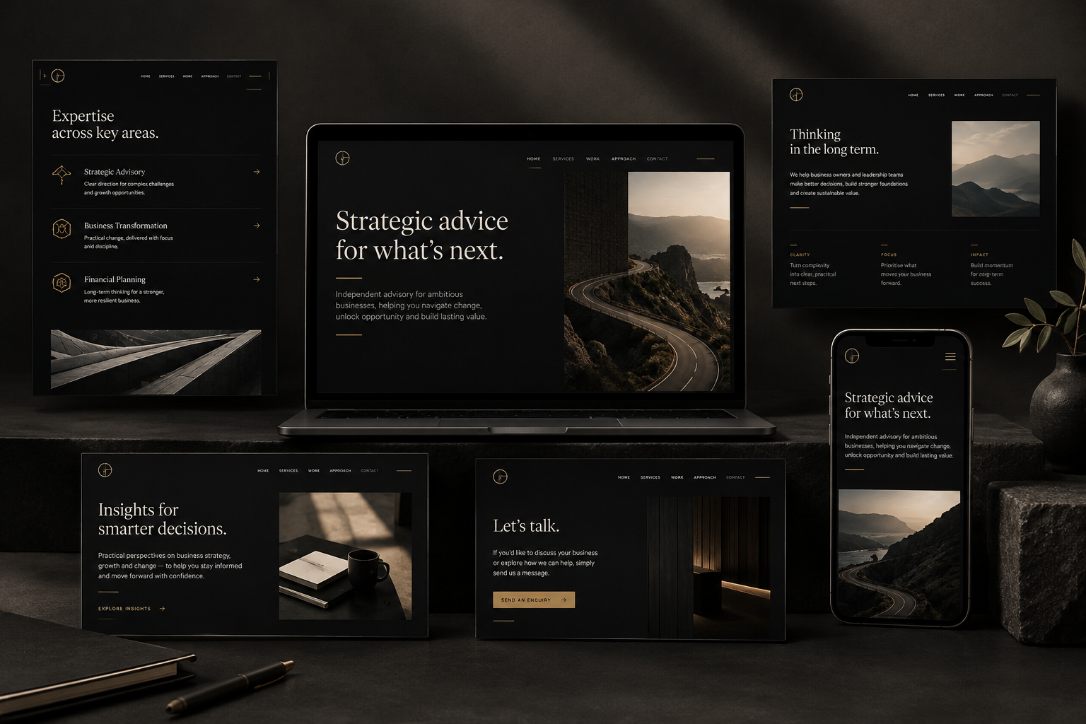 Refined dark website concept for an independent advisory practice with structured service pages, concise thinking-led sections, and a calm contact journey