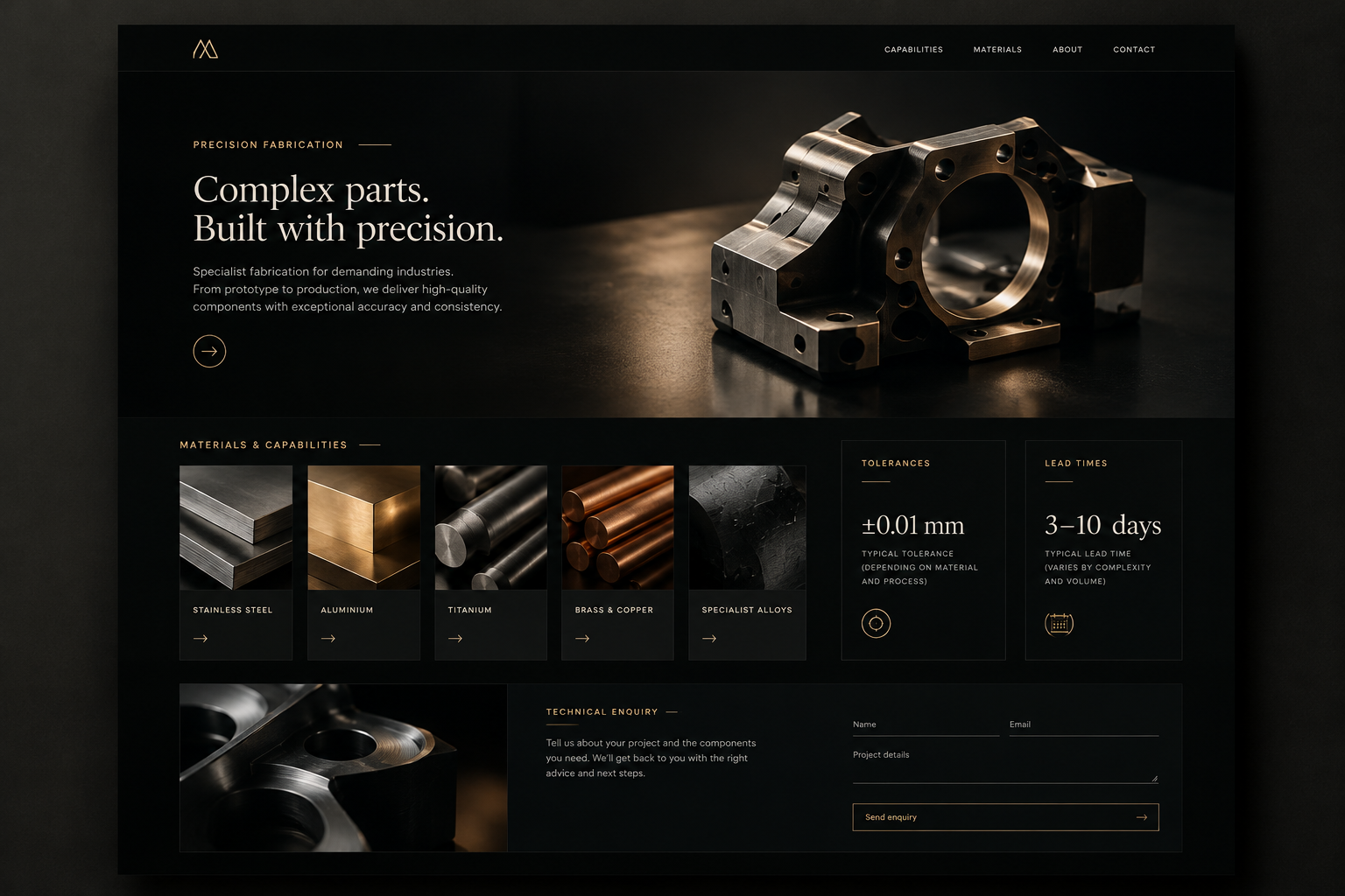 Moody black-and-gold website mockup for a specialist fabrication studio with capability matrices, material detail panels, and a compact briefing form
