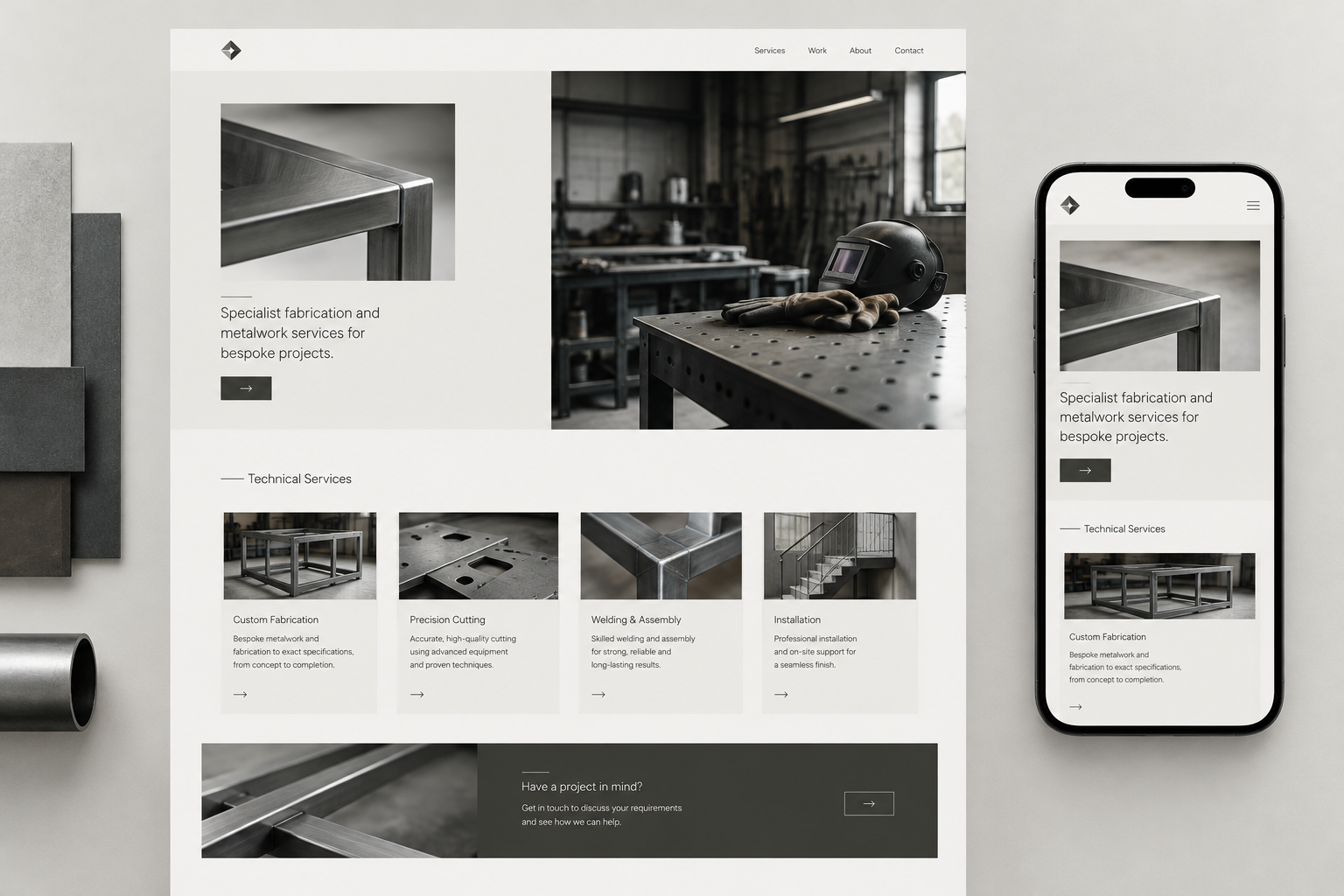 Clean modular website concept for a specialist fabrication workshop with technical service cards, measured grid structure, neutral steel tones, and concise enquiry prompts