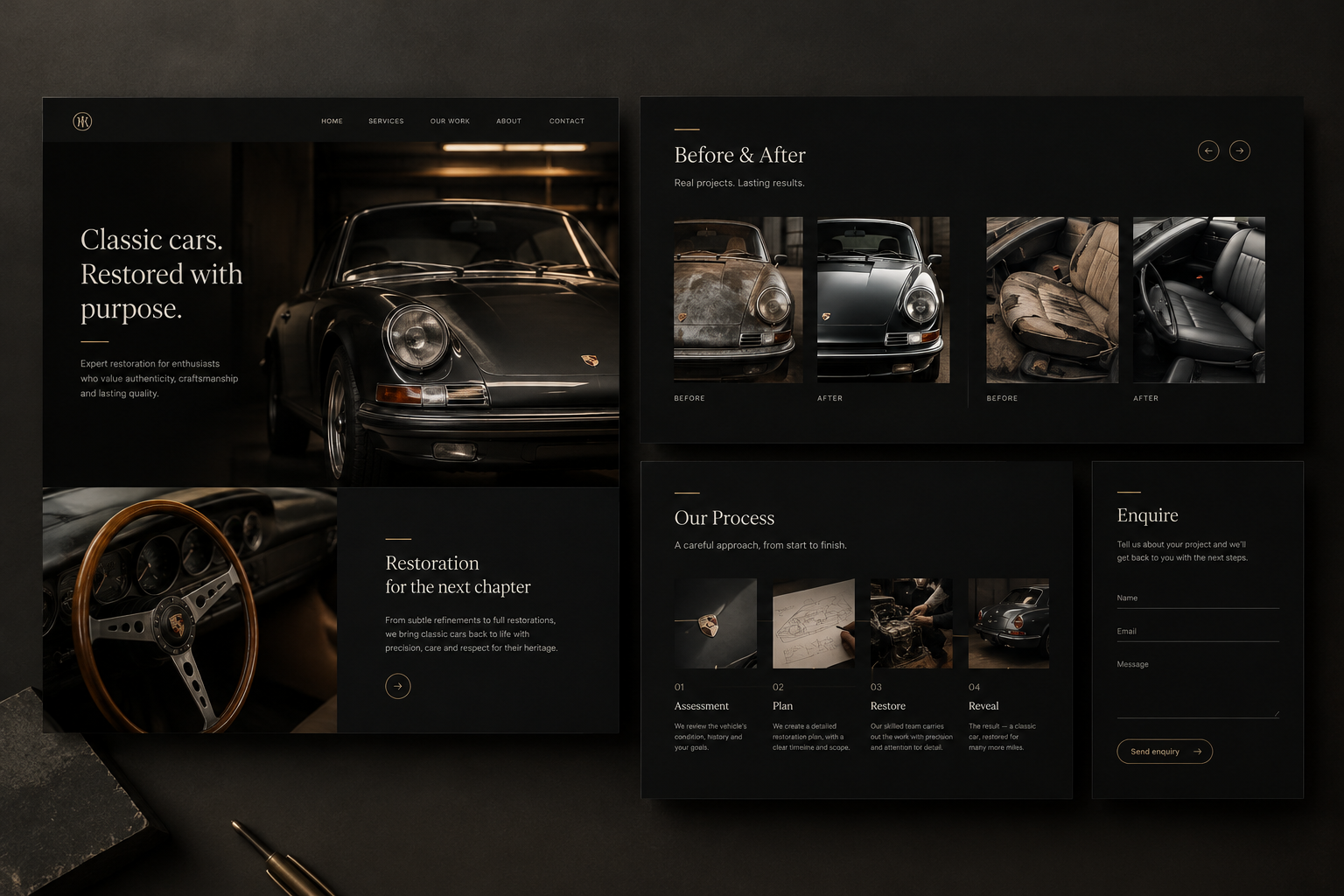 Dark editorial website concept board for an automotive restoration workshop with premium project gallery panels, restoration stages, and a minimal enquiry route