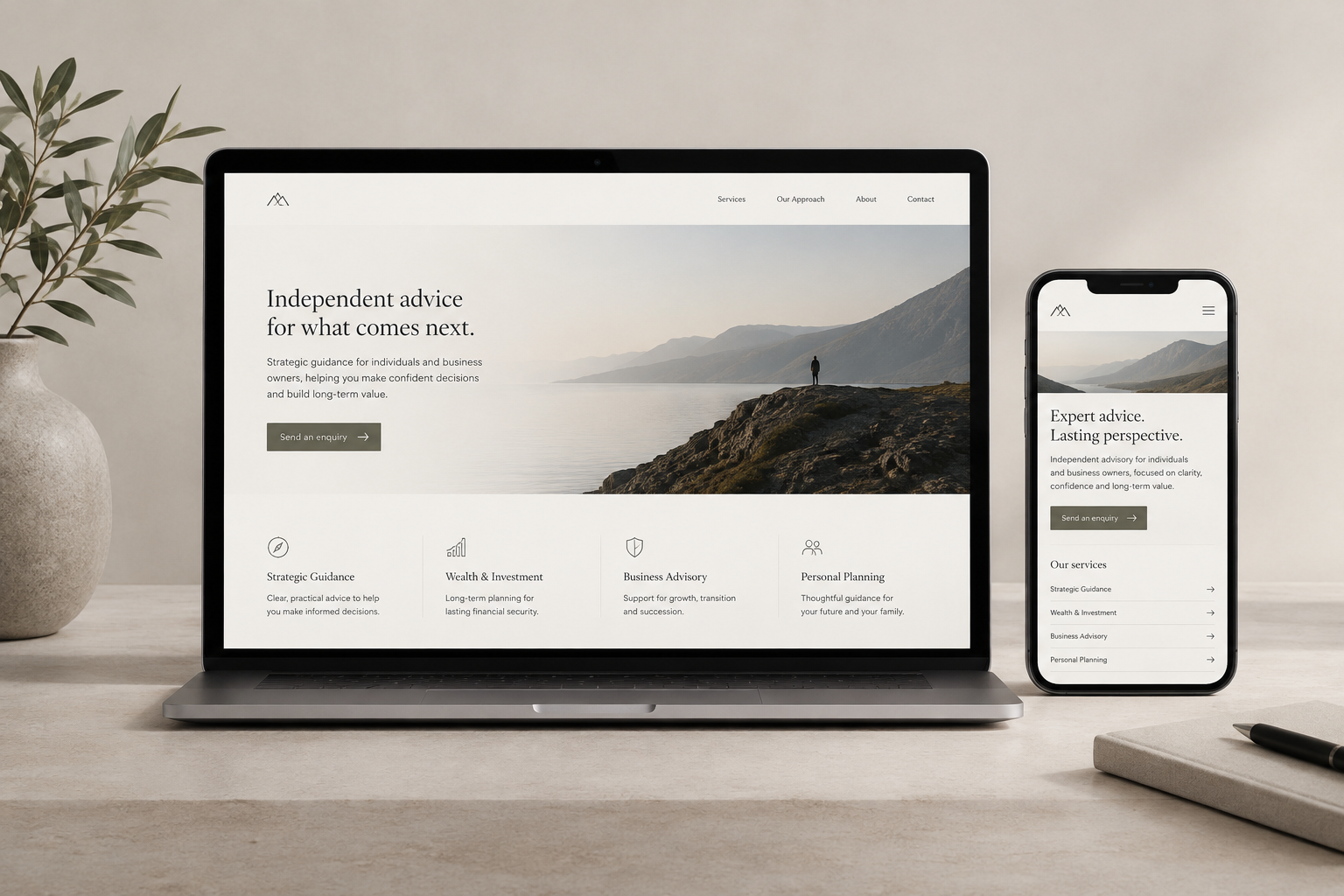 Refined service-led website mockup for a private advisory practice with calm neutral palette, editorial spacing, trust-building structure, and a straightforward contact-first user flow