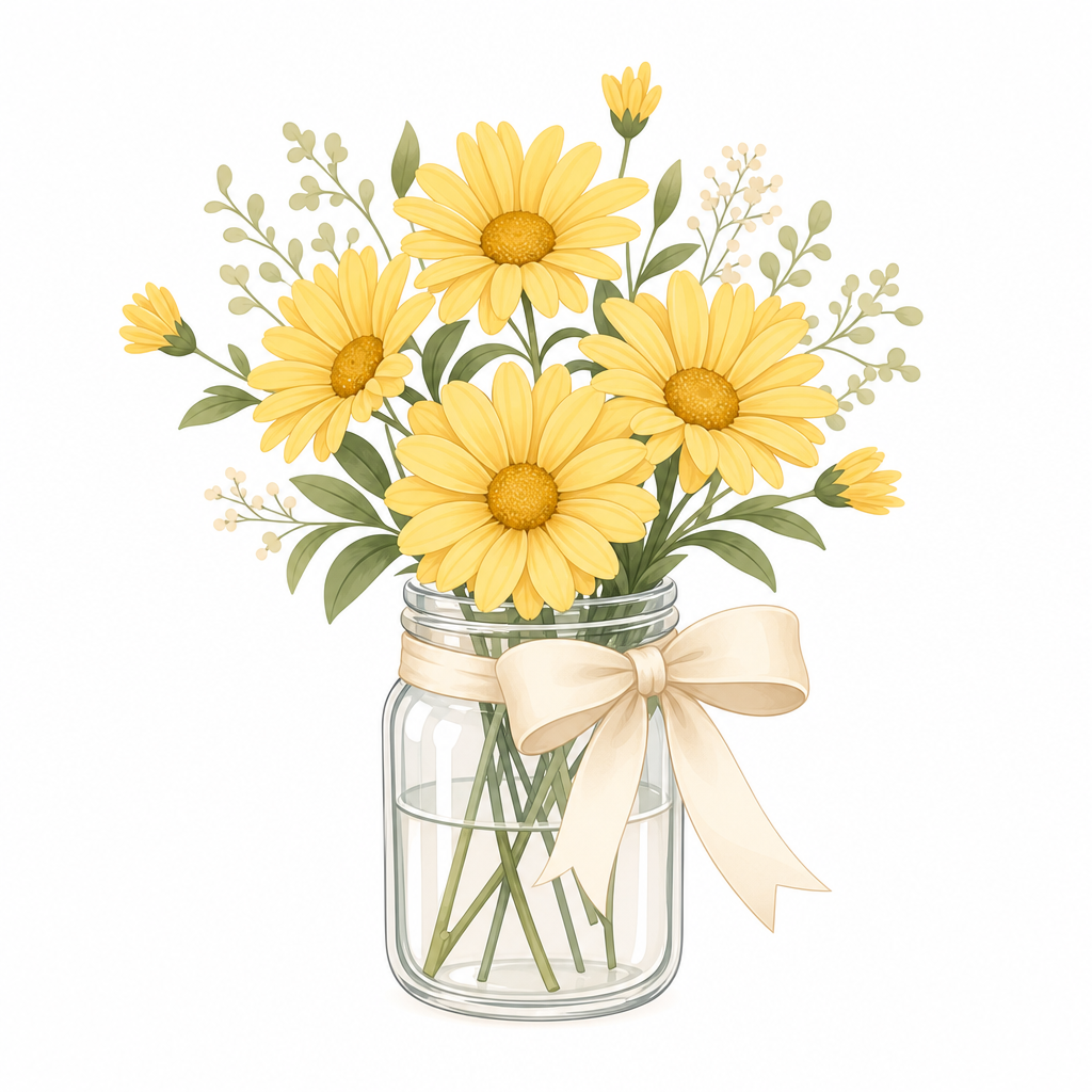 Charming icon of a small jar with yellow daisies and a ribbon