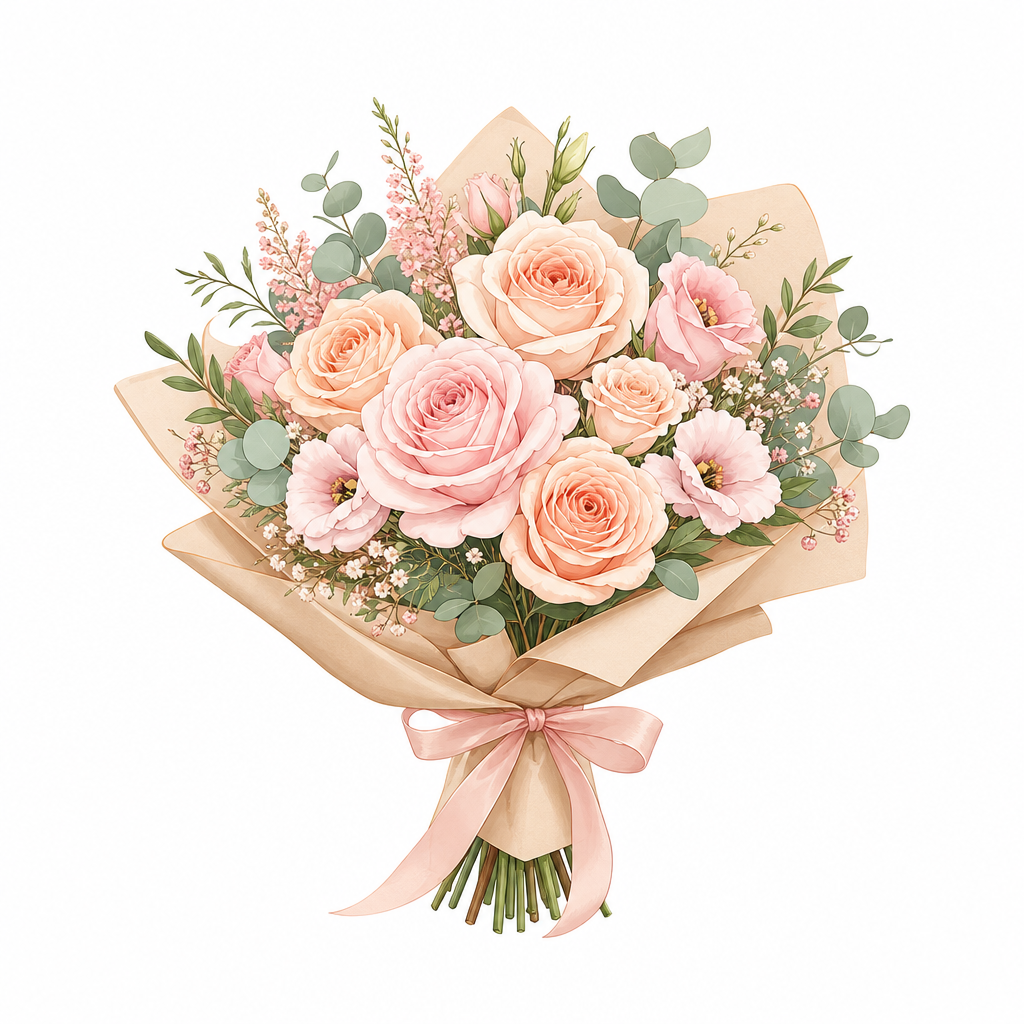 Illustrated icon of a hand-tied bouquet with soft pink and peach blooms