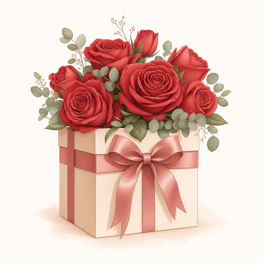 Icon of a gift box topped with red roses and a bow