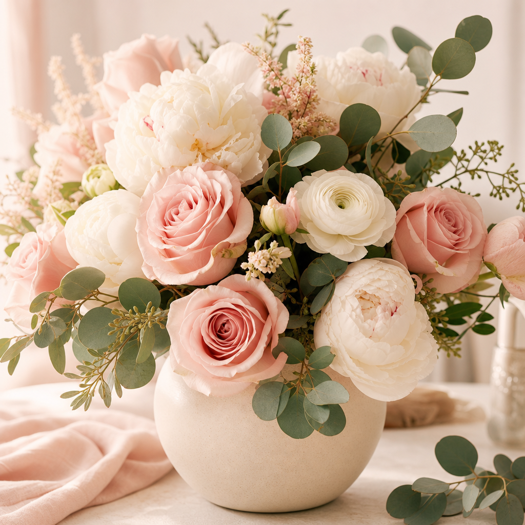 Romantic arrangement of blush roses, creamy peonies, white ranunculus, and soft greenery in a ceramic vase